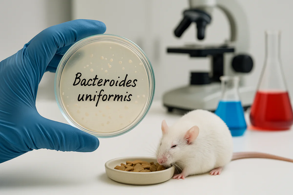 Gloved hand holding a culture plate labelled Bacteroides uniformis, with a laboratory mouse, microscope and flasks on the bench behind it