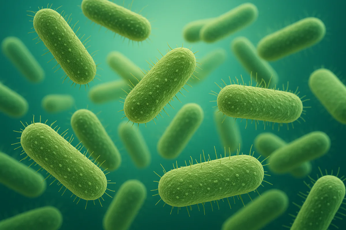 Three-dimensional render of green rod-shaped Bacteroides bacteria with fine surface pili on a teal background