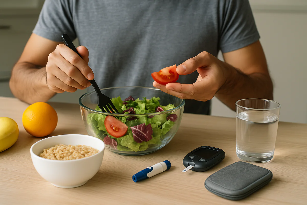 Person eating a bowl of salad beside a bowl of quinoa, fresh fruit and a blood glucose meter with a lancet