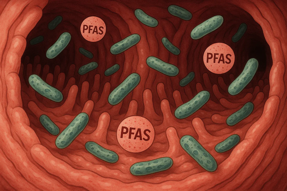 Illustration of the gut lining lined with rod-shaped bacteria and pink particles labelled PFAS
