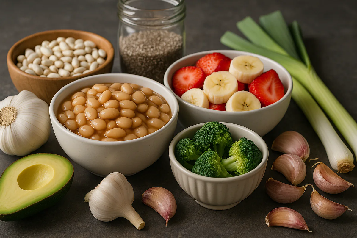 Prebiotic-rich foods arranged on a worktop: white beans, chia seeds, broccoli, garlic, leeks, avocado, strawberries and banana
